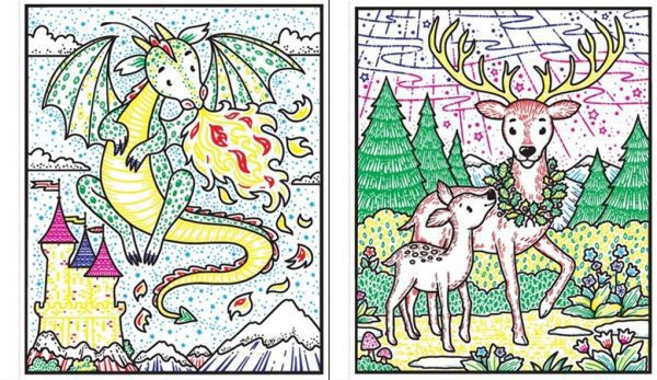 usborne magical creatures painting book, carte de colorat creaturi magice, cu pensula, pentru copii si adulti, pheonix, unicorni