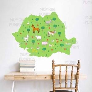 STICKER educativ pentru copii – Harta României cu Animale Domestice