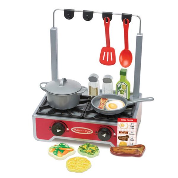 Miniaragaz de joaca din lemn - Melissa & Doug, set bucatarie, jocuri copii 2 ani, aragaz din lemn, ustensile bucatarie copii, jocuri melissa and doug