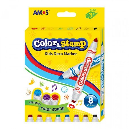 Carioci Color&Stamp 2 capete 8 culori/set - Amos, carioci stampile cu doua capete, carioci copii stampila, carioci pe baza de apa, carioci non-toxice