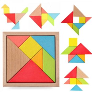 Joc educativ – Tangram din lemn cu 7 piese si 60 carduri