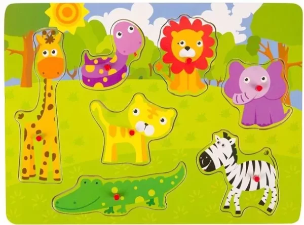 Puzzle incastru lemn bebe cu maner - jungla, puzzle animale, puzzle bebe, puzzle incastru bebe, puzzle cu maner